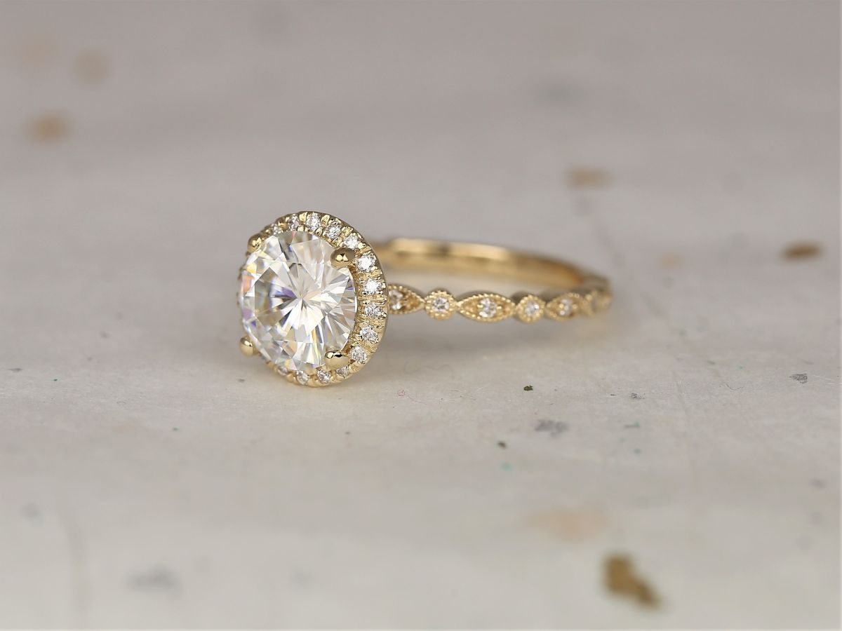 2ct Georgia 8mm 14kt Solid Gold Moissanite Diamonds Dainty Art Deco Round Halo WITH Milgrain Engagement Ring,Rosados Box
