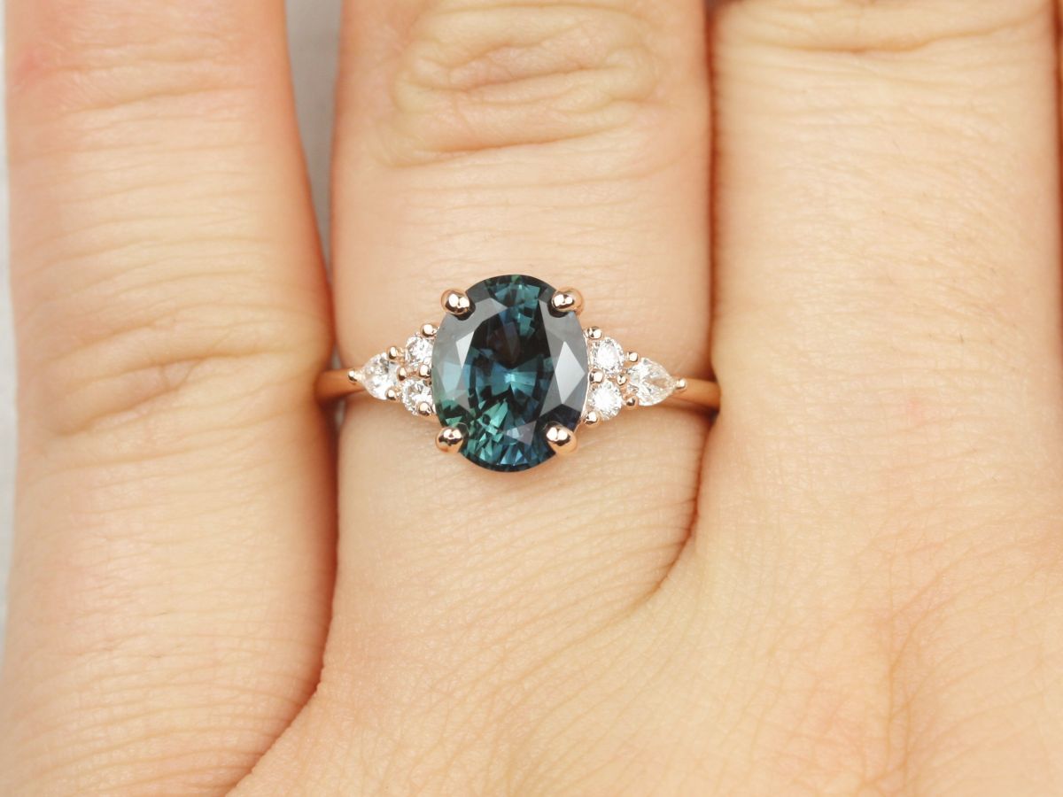 2.60ct Ready to Ship Cindy 14kt Rose Gold Peacock Jungle Teal Oval Sapphire Diamond Cluster 3 Stone Oval Engagement Ring,Rosados Box