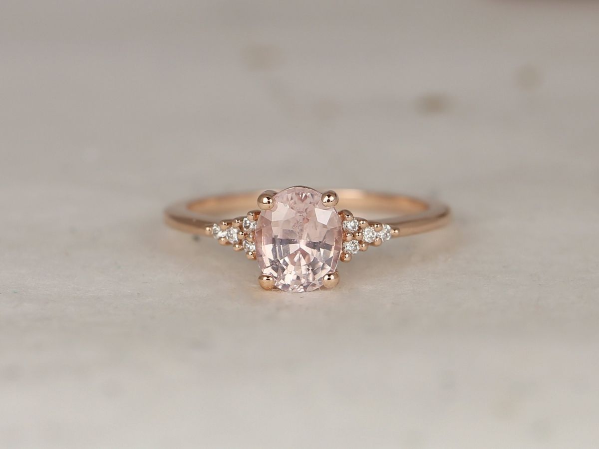 1.43cts Ready to Ship Maddy 14kt Rose Gold Peach Sapphire Diamond Cluster 3 Stone Oval Engagement Ring,Rosados Box
