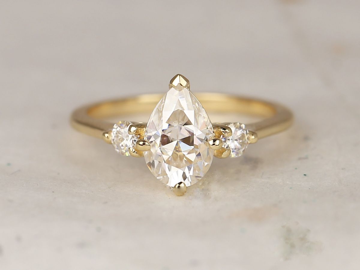 1.50ct Petite Greta 9x6mm 14kt Gold  Moissanite Pear 3 Stone Ring by Rosados Box