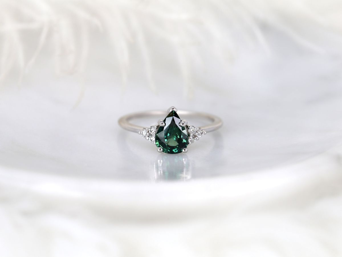 1.46ct Ready to Ship Juliet 14kt White Gold Teal Sapphire Diamond Pear Cluster Ring, by Rosados Box