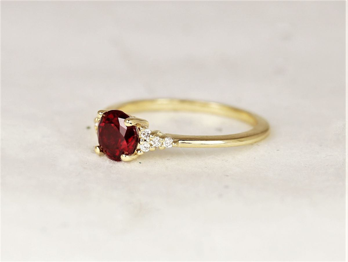 Malia 6mm 14kt Gold Red Ruby Diamond Art Deco Dainty 3 Stone Birthstone Cluster Ring,Rosados Box