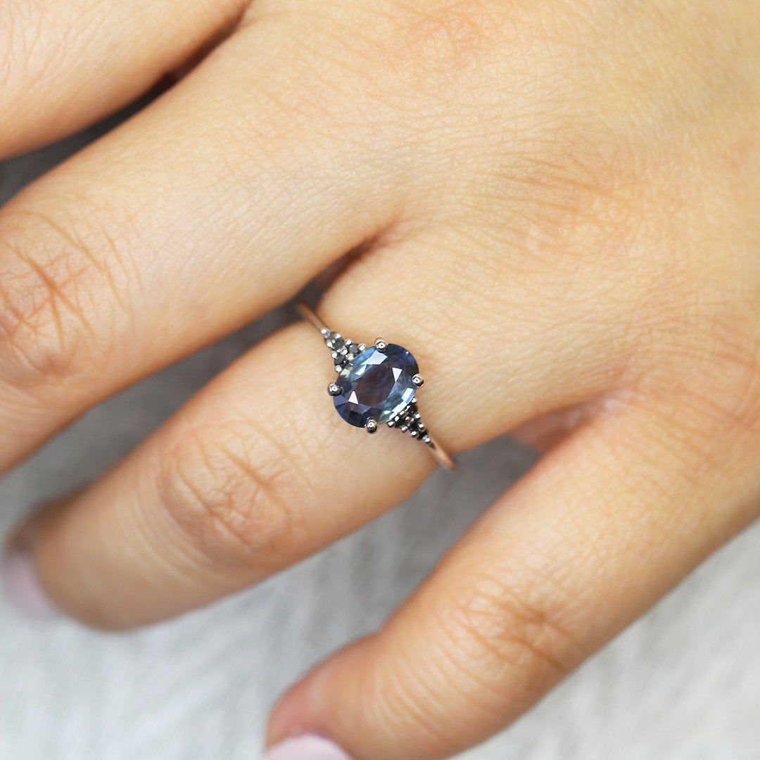 1.25ct Ready to Ship Maddy 14kt White Gold Rich Ash Purple Sapphire Black Diamond Dainty Oval Cluster 3 Stone Ring,Rosados Box