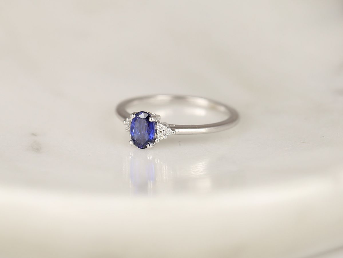Juniper 6x4mm 14kt Gold Blue Sapphire Diamonds Dainty Oval Cluster 3 Stone Stack Ring,Rosados Box