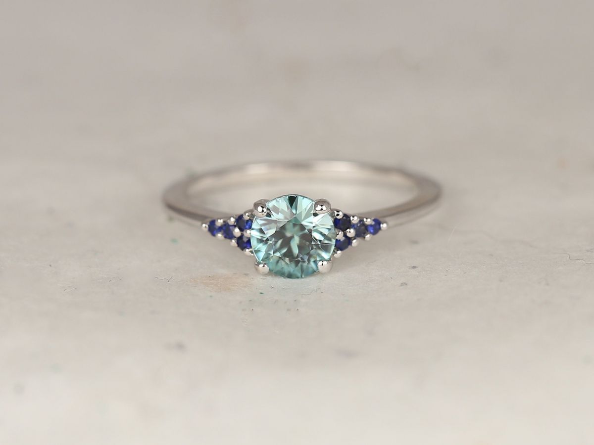 1.21ct Ready to Ship Malia 14kt White Gold Bright Teal Zircon Blue Sapphire Dainty Cluster Ring