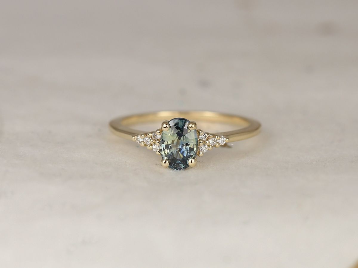 0.97ct Ready to Ship Maddy 14kt Solid Gold Ocean Teal Sapphire Diamond Dainty Oval Cluster 3 Stone Ring, Rosados Box
