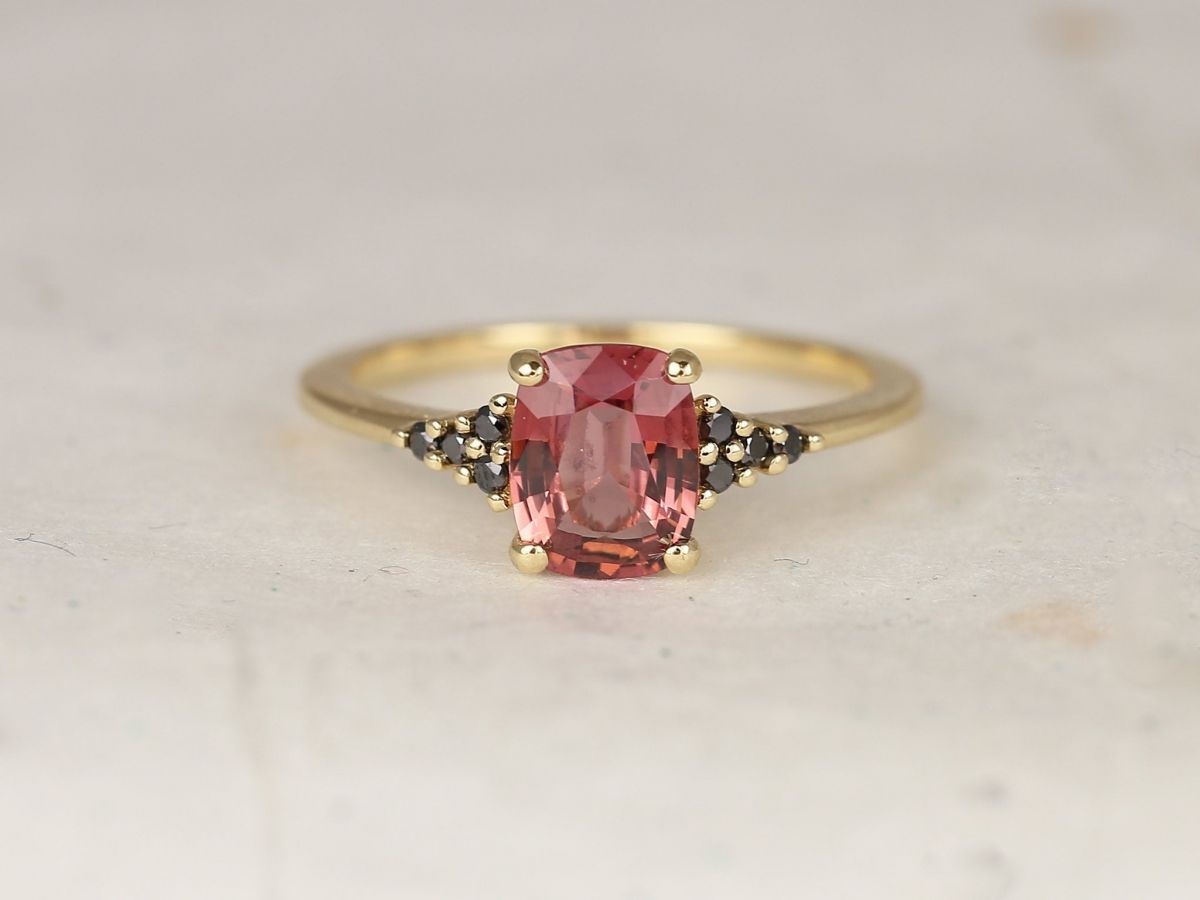 1.35ct Ready to Ship Marlow 14kt Yellow Gold Rustic Rose Red Sapphire Black Diamonds Dainty Cushion 3 Stone Cluster Ring,Rosados Box
