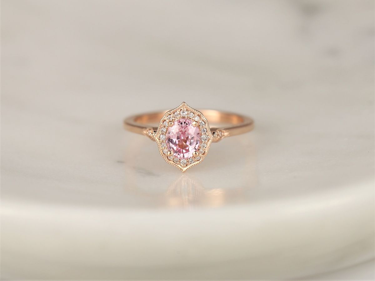 0.92ct Ready to Ship Mae 14kt Rose Gold  Peach Blush Champagne Sapphire Diamond Halo WITH Milgrain Art Deco Engagement Ring,Rosados Box