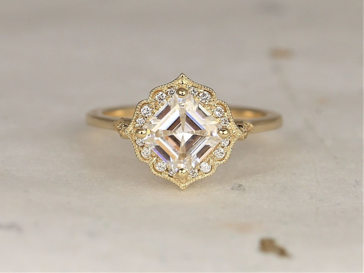 1.30ct Leena 6.5mm 14kt Solid Gold Forever One Moissanite Diamond Art Deco Asscher Kite Halo WITH Milgrain Engagement Ring,Rosados Box