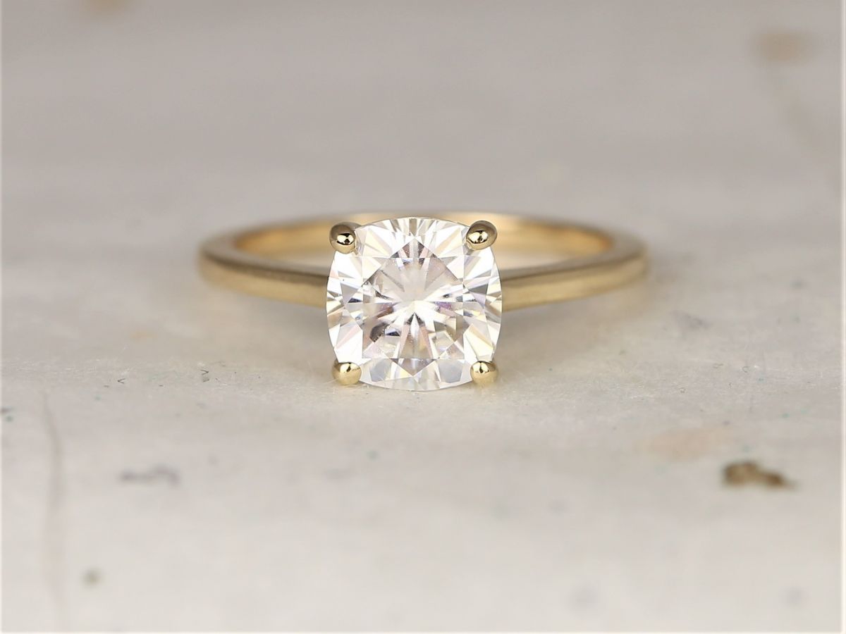 2ct Delta 7.5mm 14kt Solid Gold Forever One Moissanite Minimalist Dainty Cathedral Cushion Solitaire Engagement Ring,Rosados Box