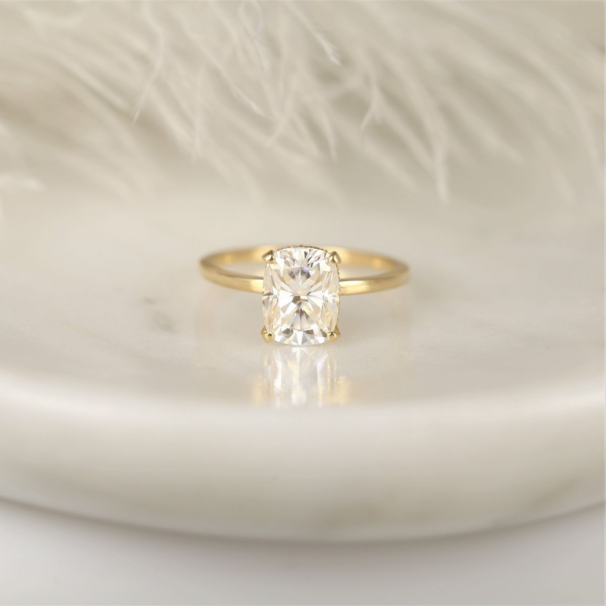 2.30ct LOW Tansy 9x7mm 14kt Gold Moissanite Diamond Cushion Hidden Halo Ring by Rosados Box