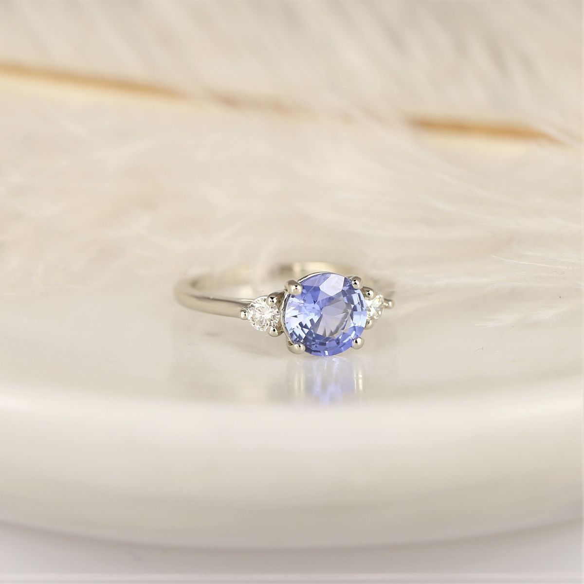 1.65ct Ready to Ship Colette 14kt White Gold Lilac Cornflower Blue Sapphire Diamond Minimalist Round Three Stone Ring