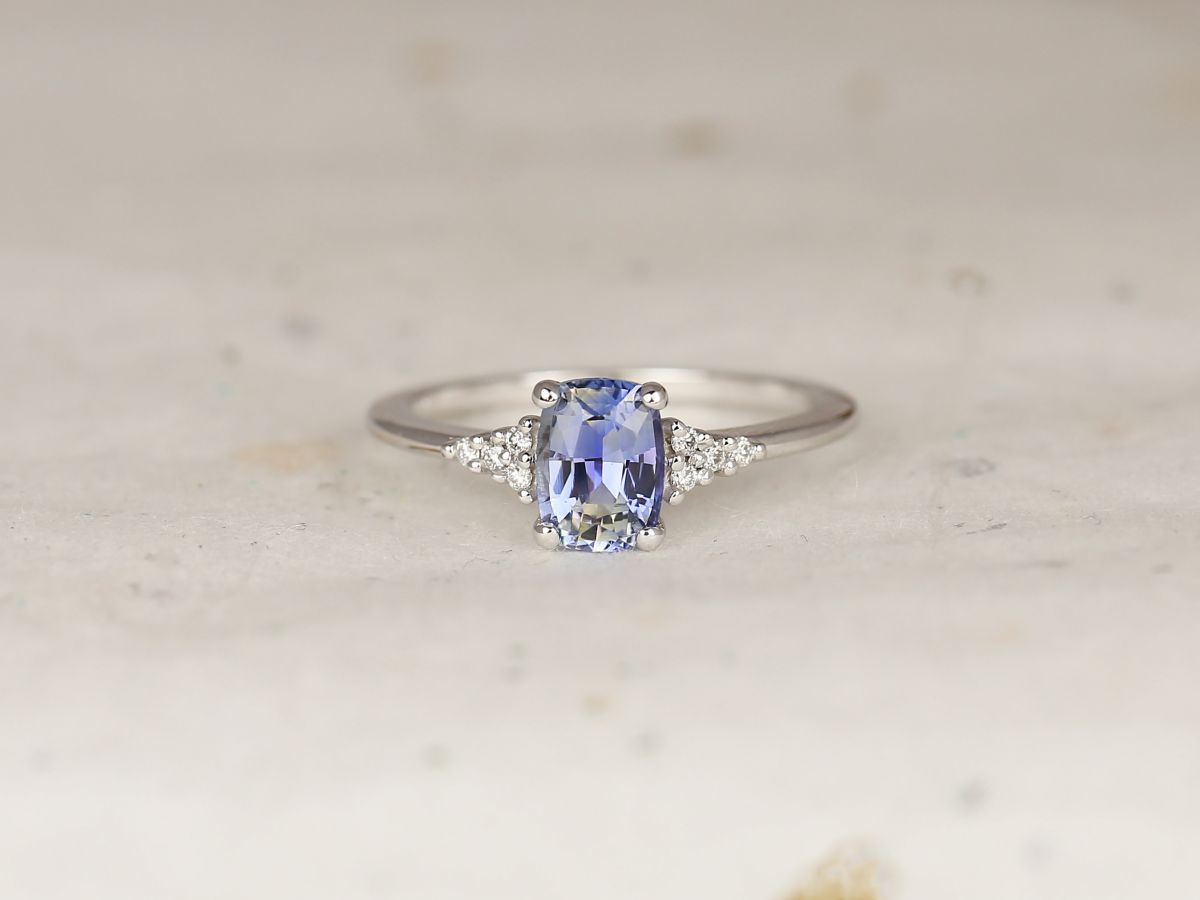 1.19ct Ready to Ship Marlow 14kt White Gold Cornflower Lavender Sapphire Diamond Dainty Elongated Cushion Cluster 3 Stone Ring,Rosados Box
