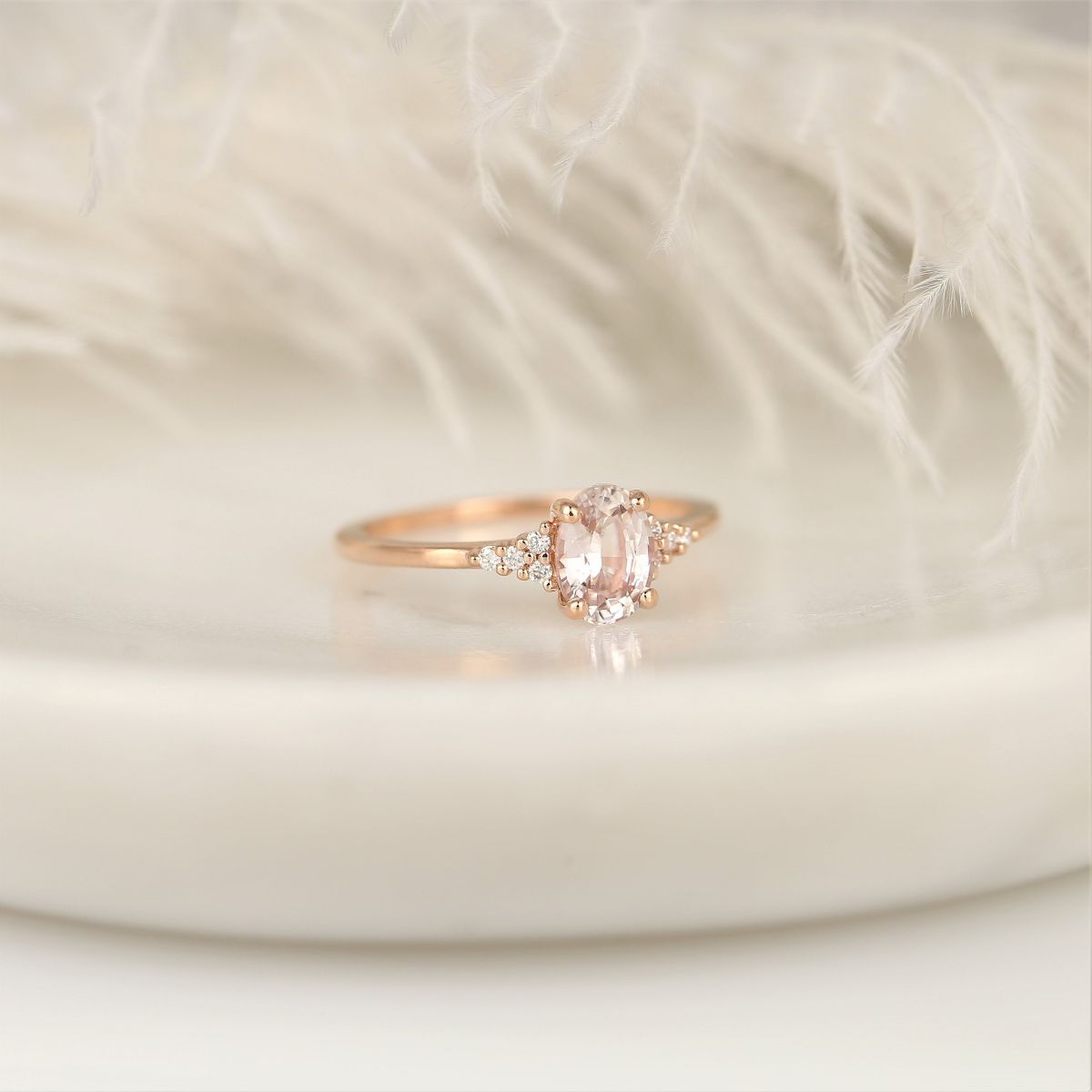 1.18cts Ready to Ship Maddy 14kt Rose Gold Blush Peach Sapphire Diamond Cluster Oval Engagement Ring,Rosados Box