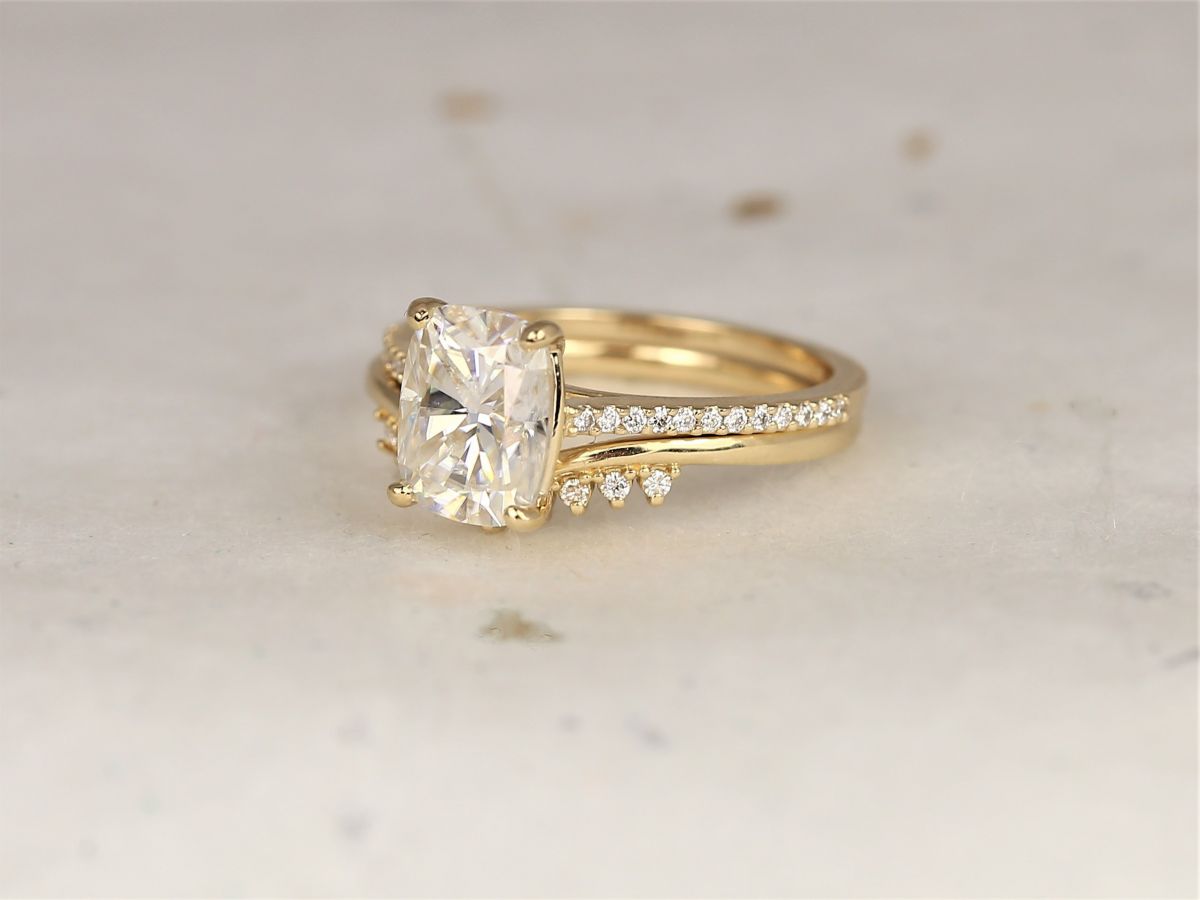 2.30cts Blair 9x7mm & Lonnie 14kt Solid Gold Forever One Moissanite Diamond Dainty Rectangle Cushion Unique Wedding Set Rings,Rosados Box