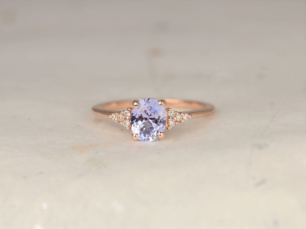 1.20ct Ready to Ship Maddy 14kt Rose Gold Cornflower Lavender Sapphire Diamond Dainty Oval Cluster 3 Stone Ring,Rosados Box