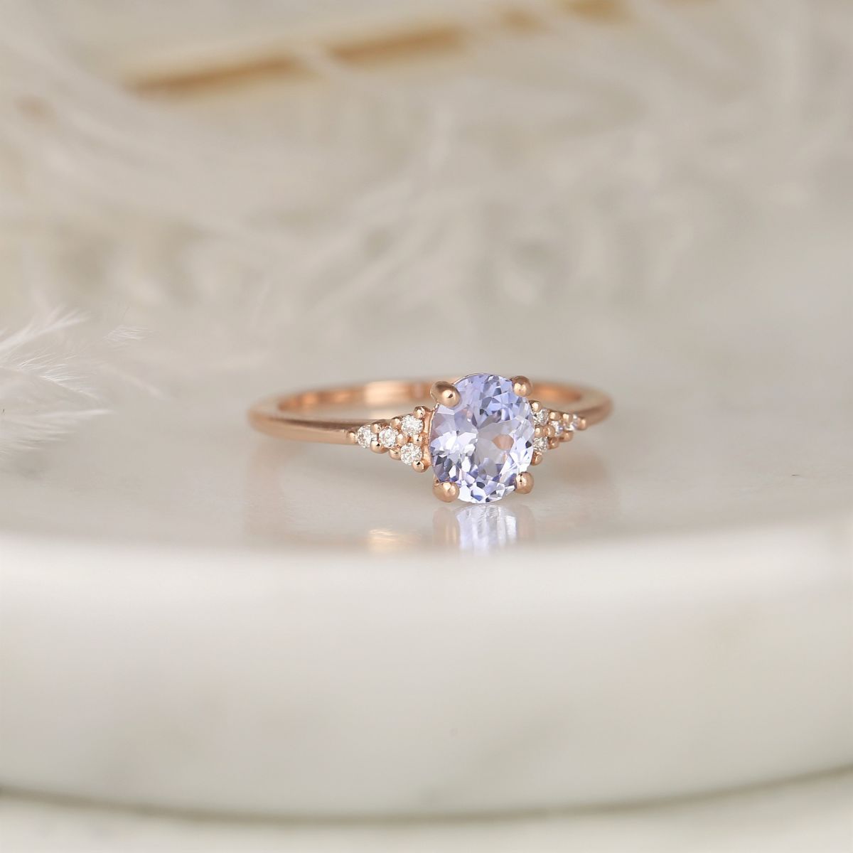 1.20ct Ready to Ship Maddy 14kt Rose Gold Cornflower Lavender Sapphire Diamond Dainty Oval Cluster 3 Stone Ring,Rosados Box
