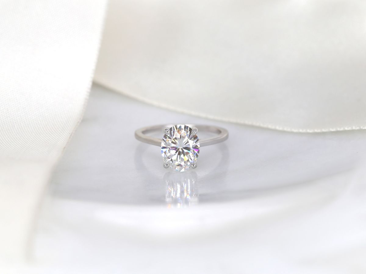 3ct Bailey 10x8mm 14kt Moissanite Oval Solitaire Ring by Rosados Box