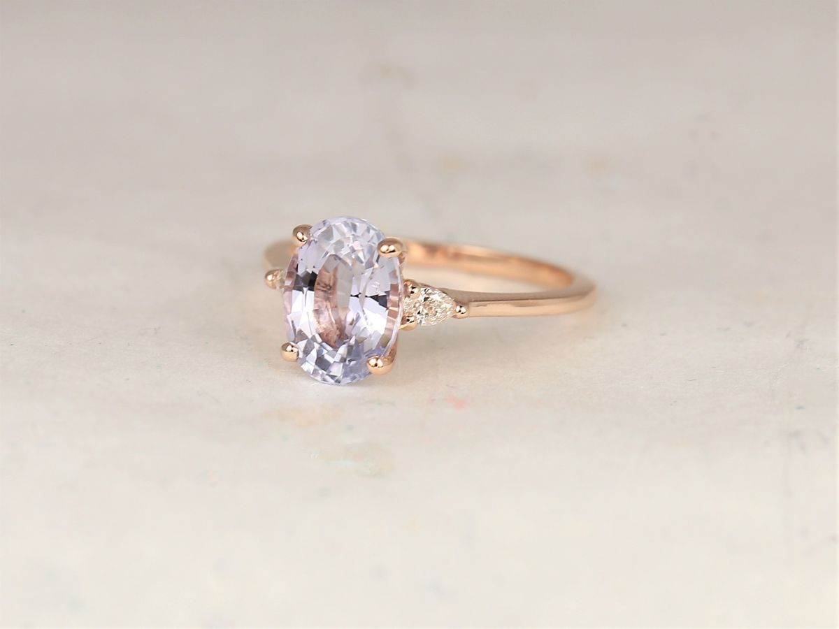 2.94ct Ready to Ship Petite Emery 14kt Rose Gold Icy Lavender Sapphire Diamond Minimalist 3 Stone Pear Oval Engagement Ring,Rosados Box