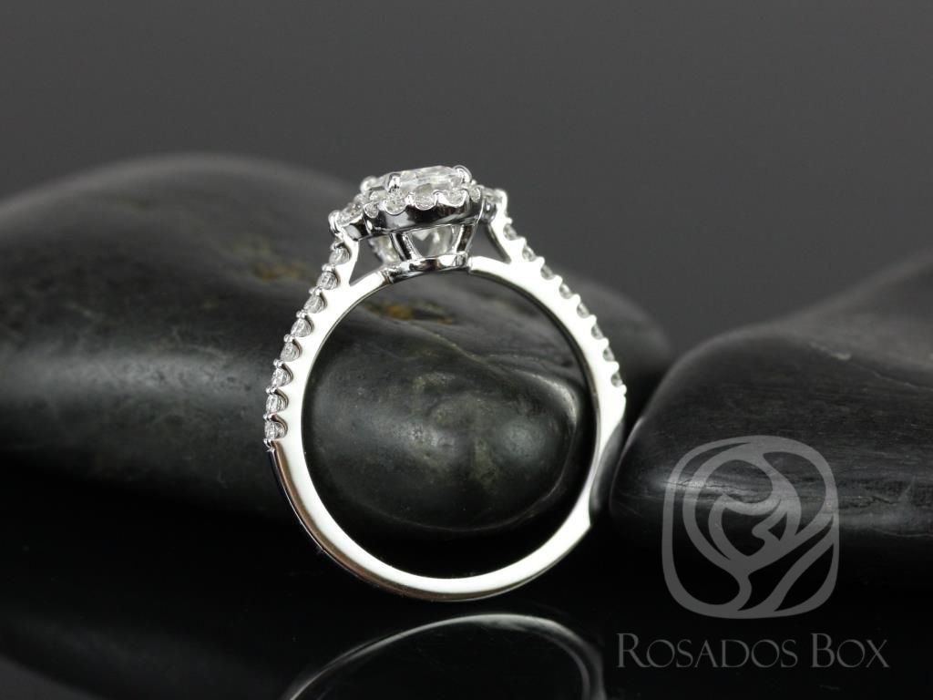 1ct Bridgette 7x5mm 14kt Moissanite Diamond Three Stone Unique Halo Ring by Rosados Box