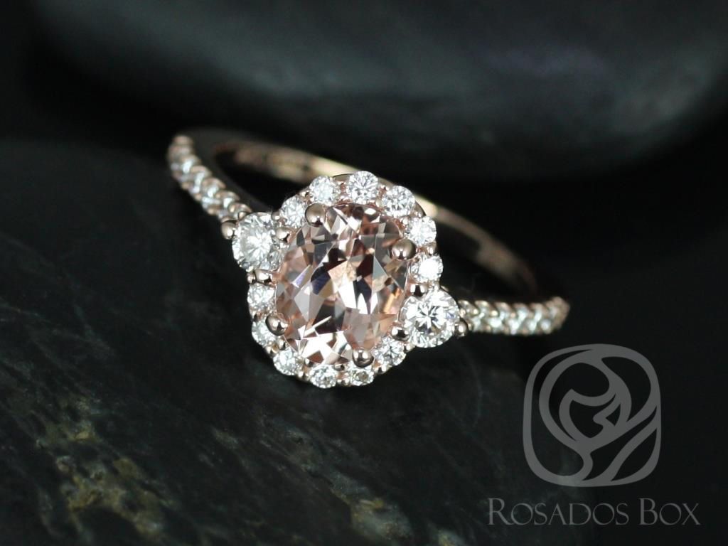 Bridgette 8x6mm 14kt Morganite and Diamonds Unique Halo Ring by Rosados Box