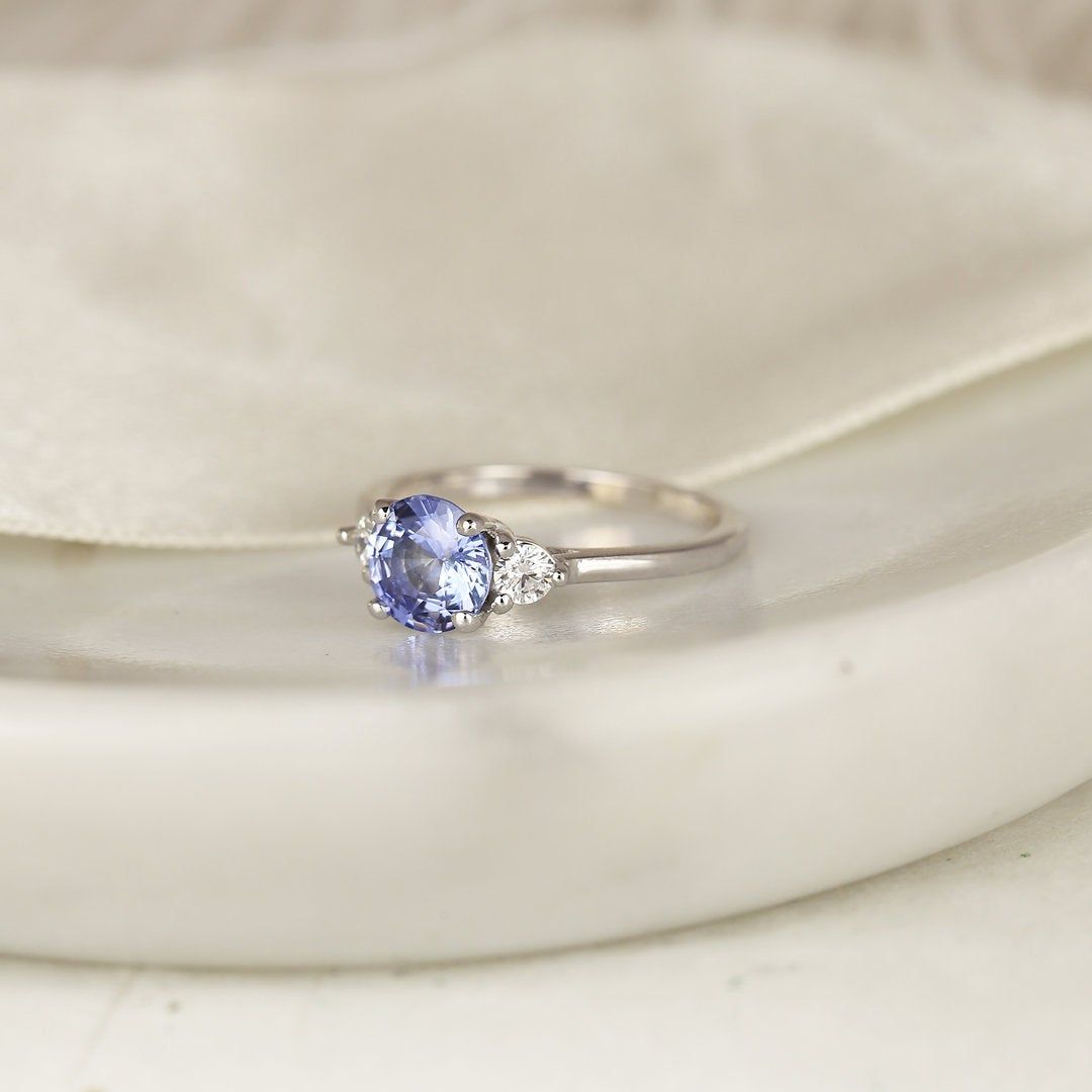 1.39ct Ready to Ship Colette 14kt White Gold Lilac Cornflower Blue Sapphire Diamond Round Three Stone Ring