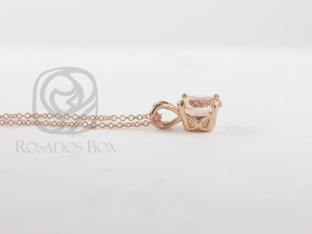 Ready to Ship Rosados Box Donna 8mm 14kt Rose Gold Round Morganite Leaf Gallery Basket Solitaire Necklace