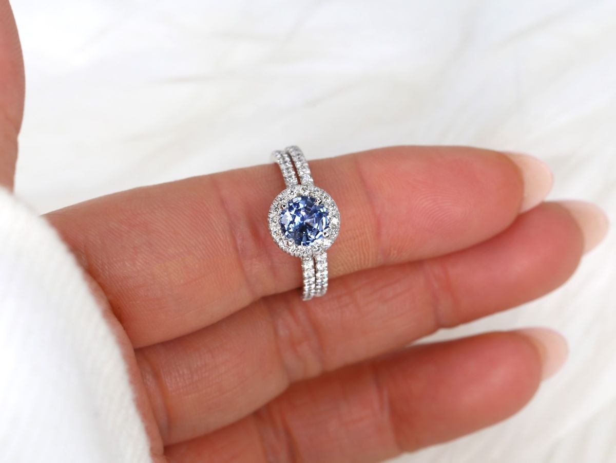 1.07ct Ready to Ship Callie 14kt White Gold Cornflower Blue Sapphire Diamond Round Halo Bridal Set by Rosados Box