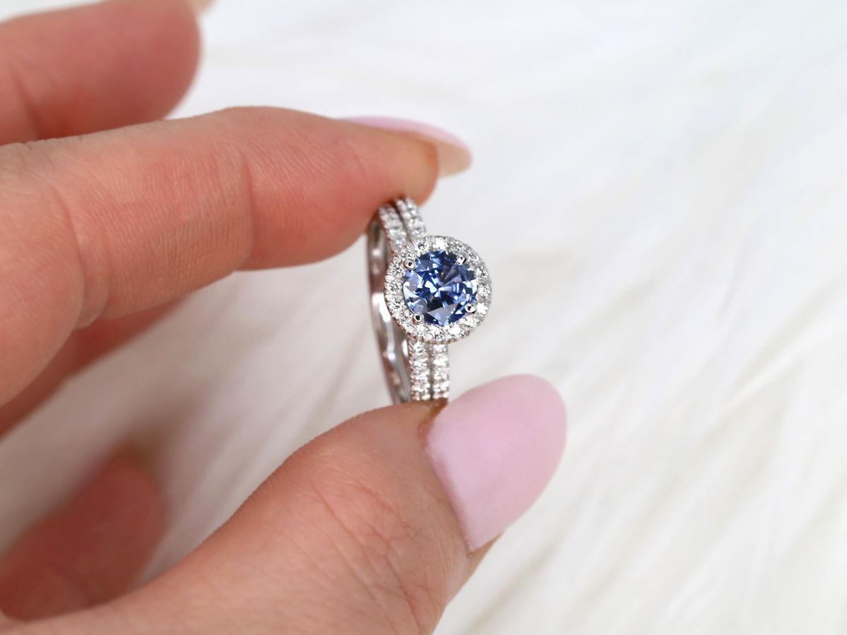 1.07ct Ready to Ship Callie 14kt White Gold Cornflower Blue Sapphire Diamond Round Halo Bridal Set by Rosados Box