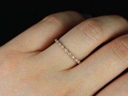 Ready to Ship Ultra Petite Gwen 14kt Rose Gold Dainty Vintage WITH Milgrain Diamond FULL Eternity Band, Rosados Box