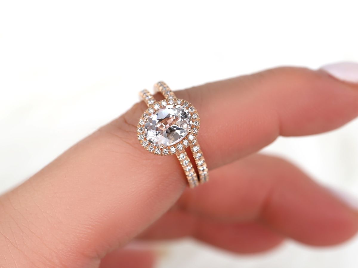 2.03ct Ready to Ship Chantelle 14kt Rose Gold Peach Champagne Sapphire Diamond Oval Halo Bridal Set