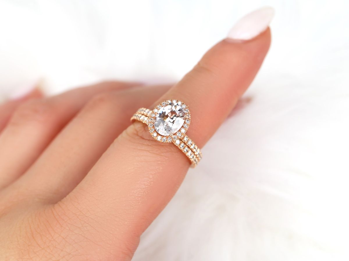 2.03ct Ready to Ship Chantelle 14kt Rose Gold Peach Champagne Sapphire Diamond Oval Halo Bridal Set