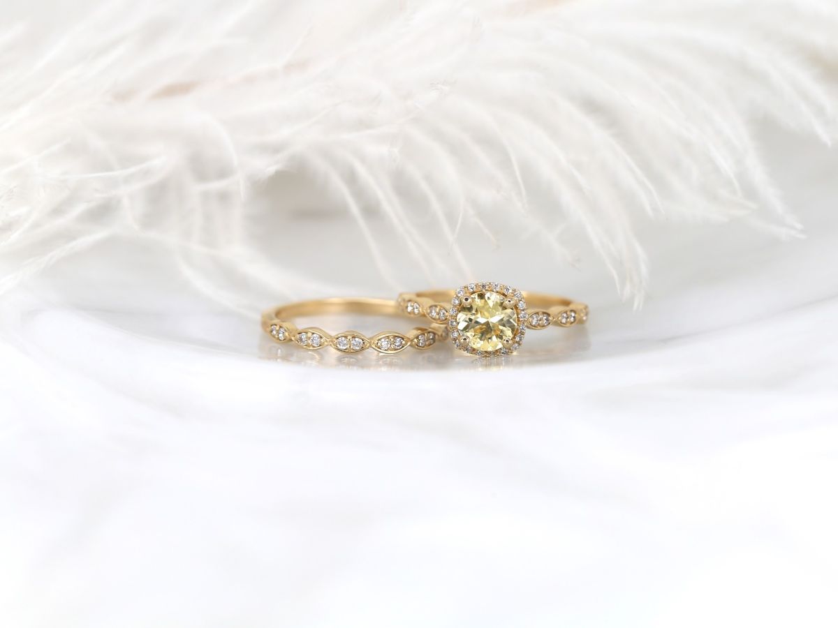1.05ct Ready to Ship Christie 14kt Yellow Gold Lemon Yellow Sapphire Diamonds Halo Bridal Set by Rosados Box