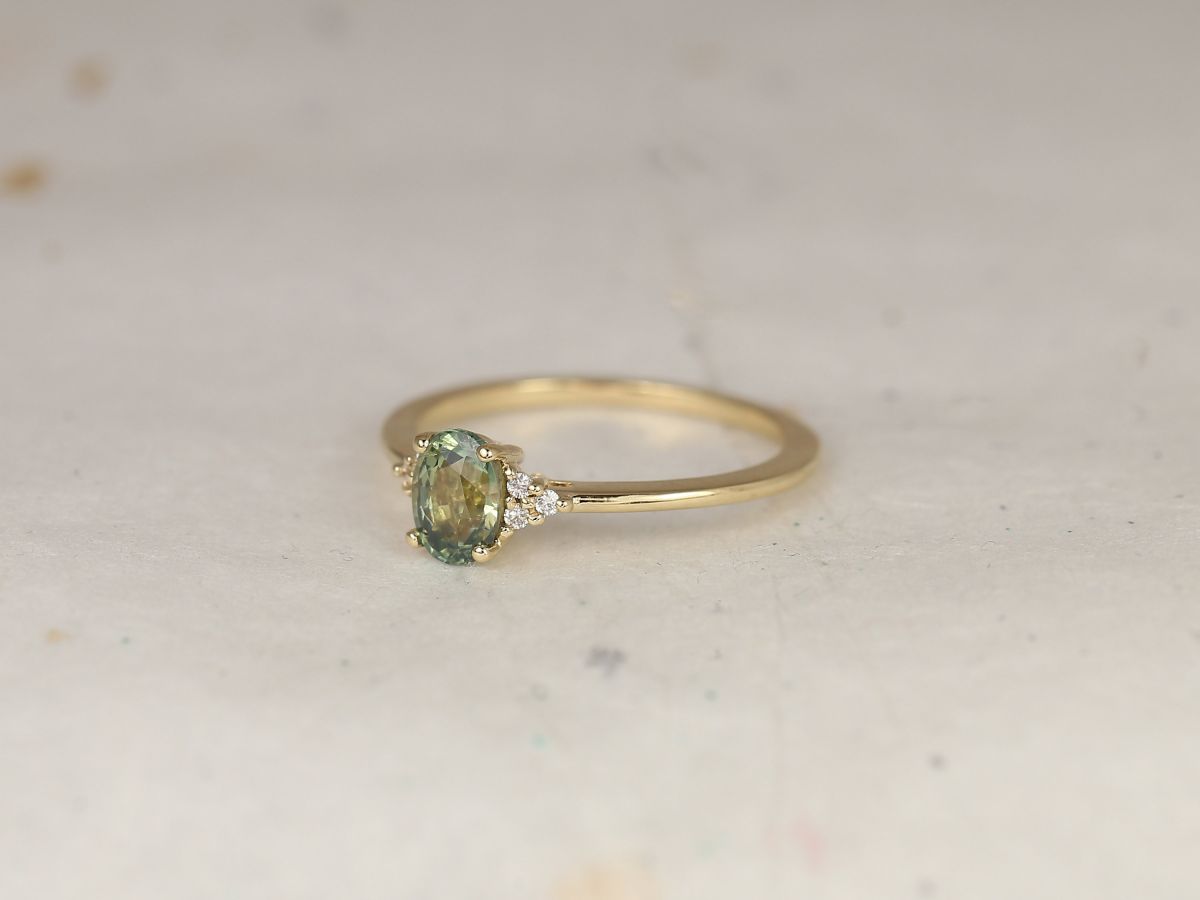 0.88ct Ready to Ship Juniper 14kt Gold Green Tea Teal Sapphire Diamond Dainty Oval Cluster 3 Stone Ring,Rosados Box
