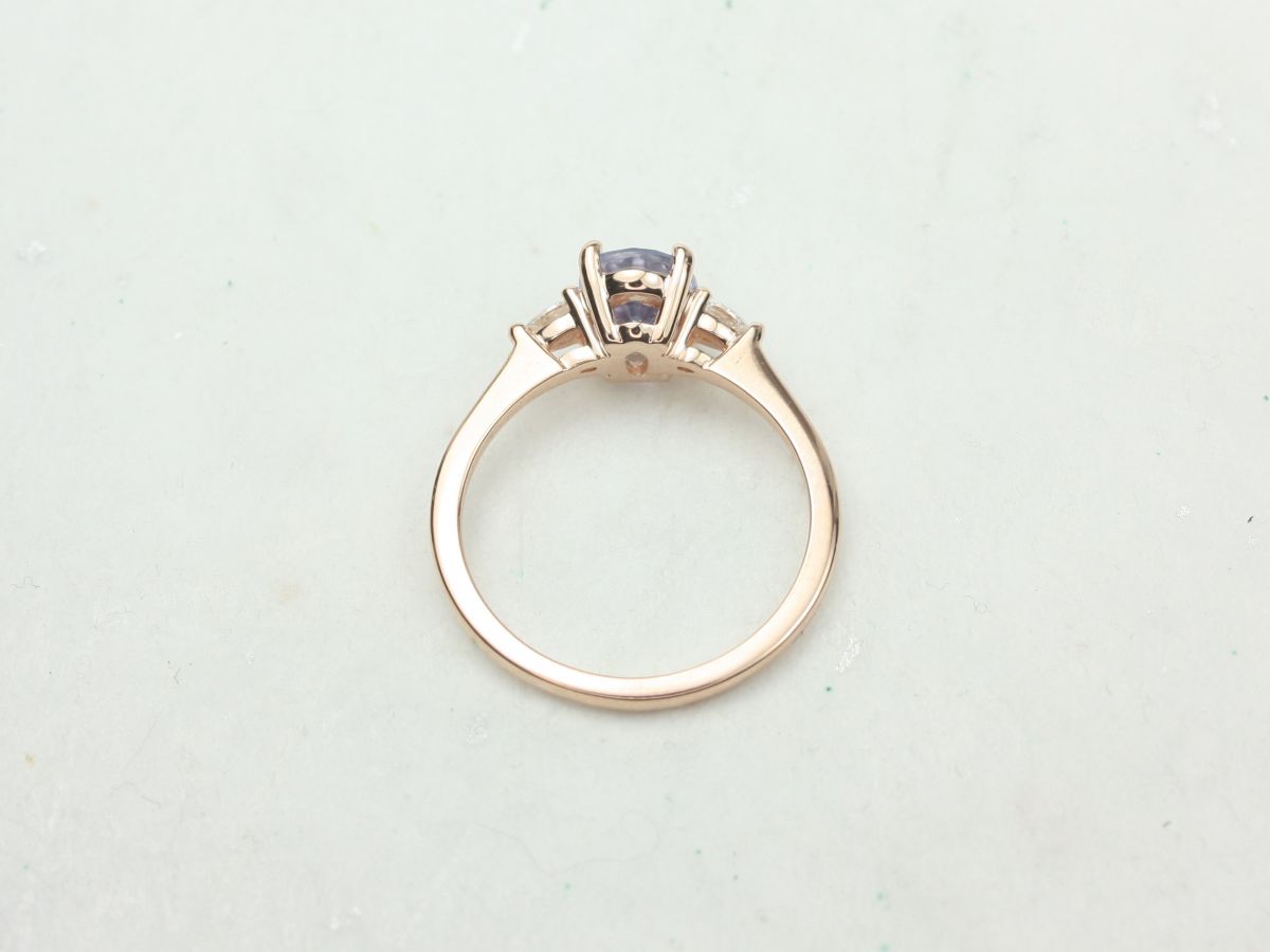 1.43cts Ready to Ship Petite Emery 14kt Rose Gold Cornflower Lavender Sapphire Diamond Pear 3 Stone Oval Engagement Ring,Rosados Box