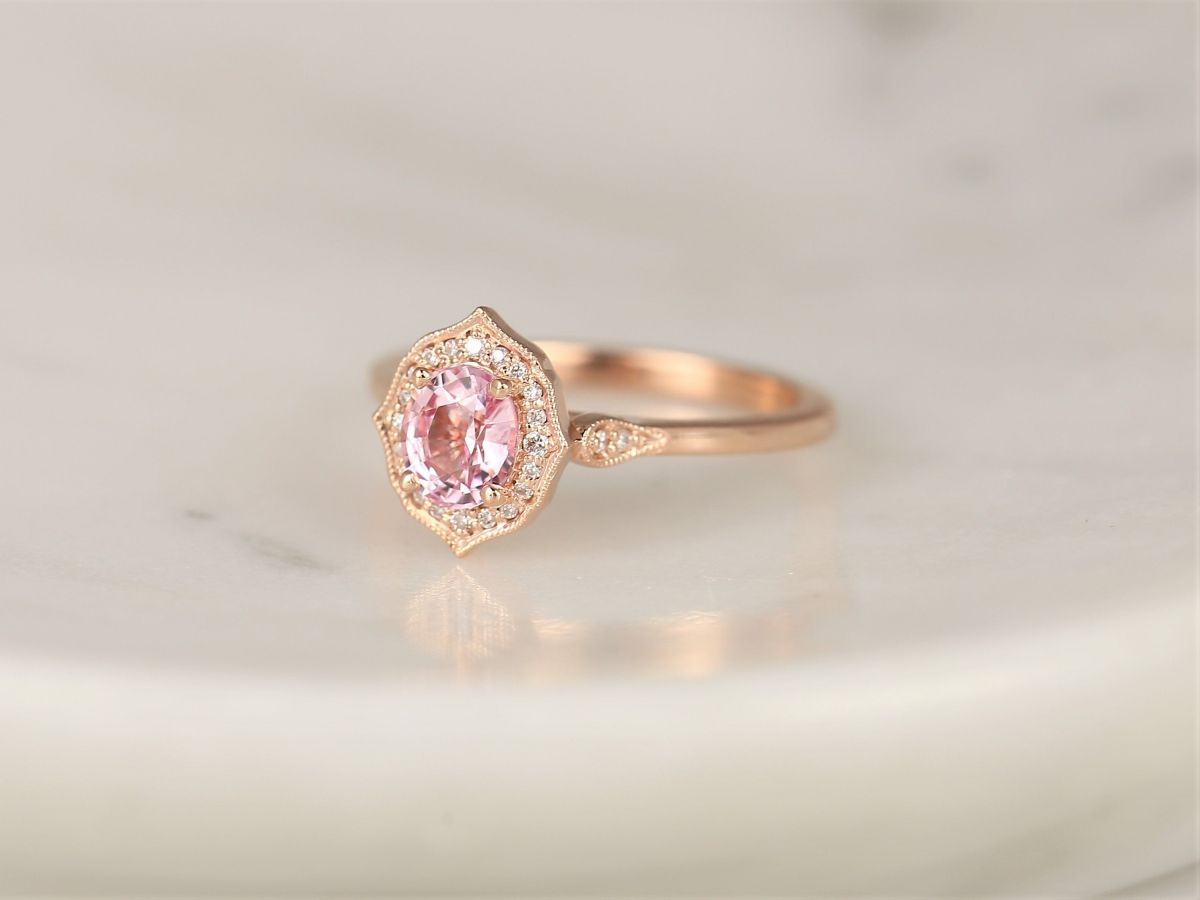 0.92ct Ready to Ship Mae 14kt Rose Gold  Peach Blush Champagne Sapphire Diamond Halo WITH Milgrain Art Deco Engagement Ring,Rosados Box