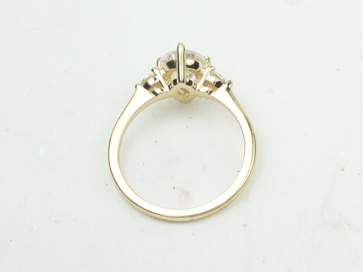1.50ct Petite Greta 9x6mm 14kt Gold  Moissanite Pear 3 Stone Ring by Rosados Box