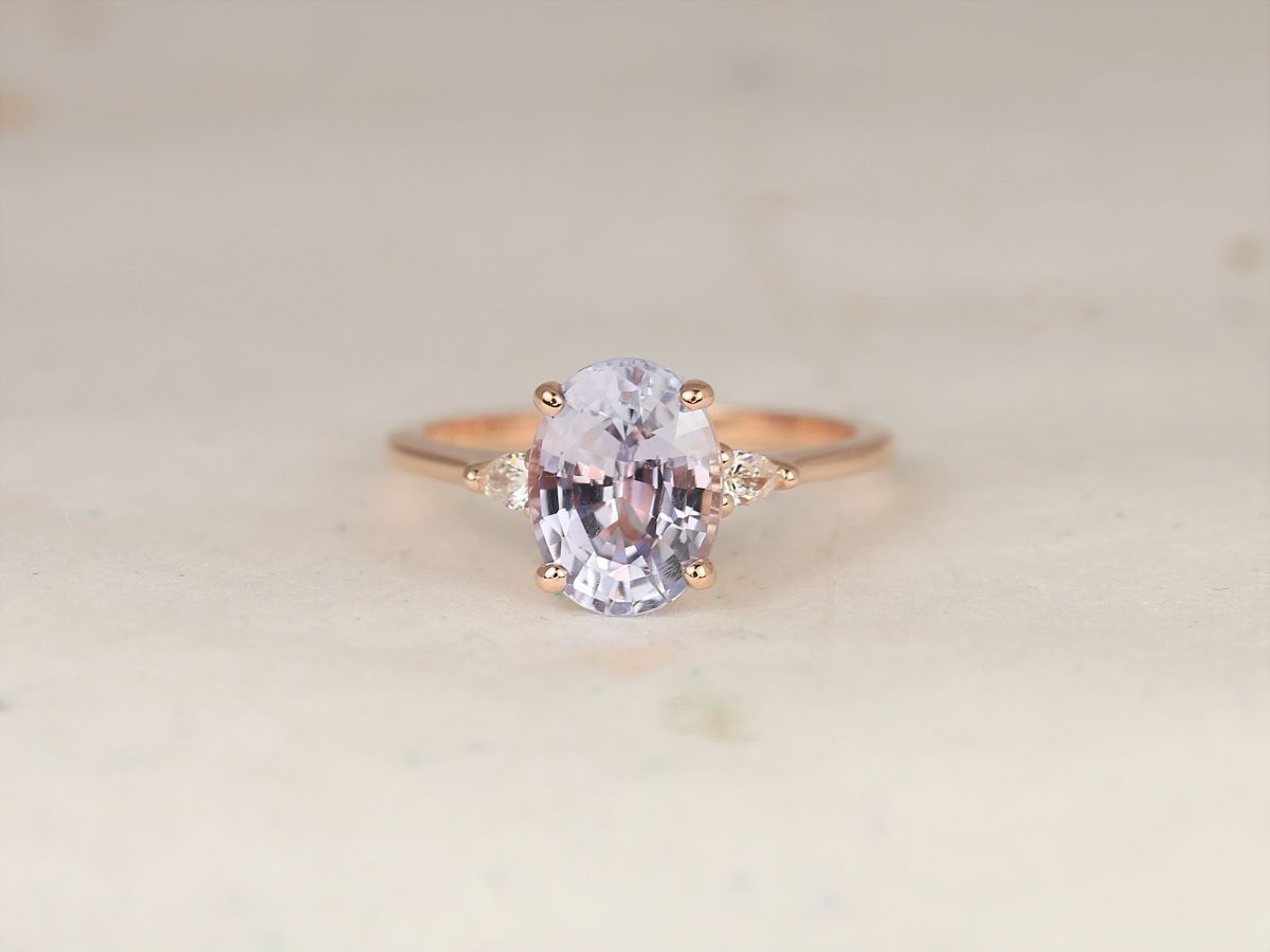 2.94ct Ready to Ship Petite Emery 14kt Rose Gold Icy Lavender Sapphire Diamond Minimalist 3 Stone Pear Oval Engagement Ring,Rosados Box