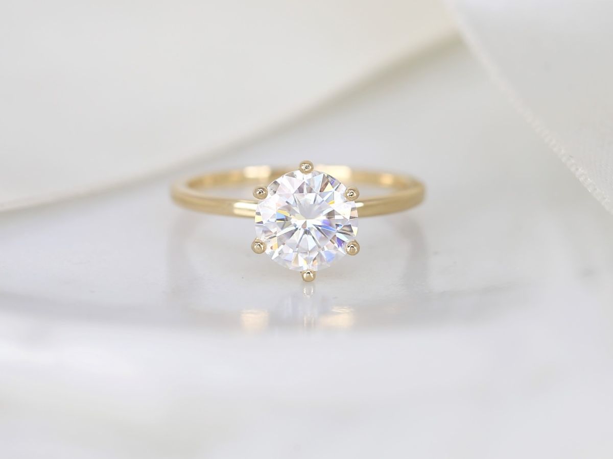 2ct Elaine 8mm 14kt Gold Moissanite Six Prong Solitaire Ring by Rosados Box