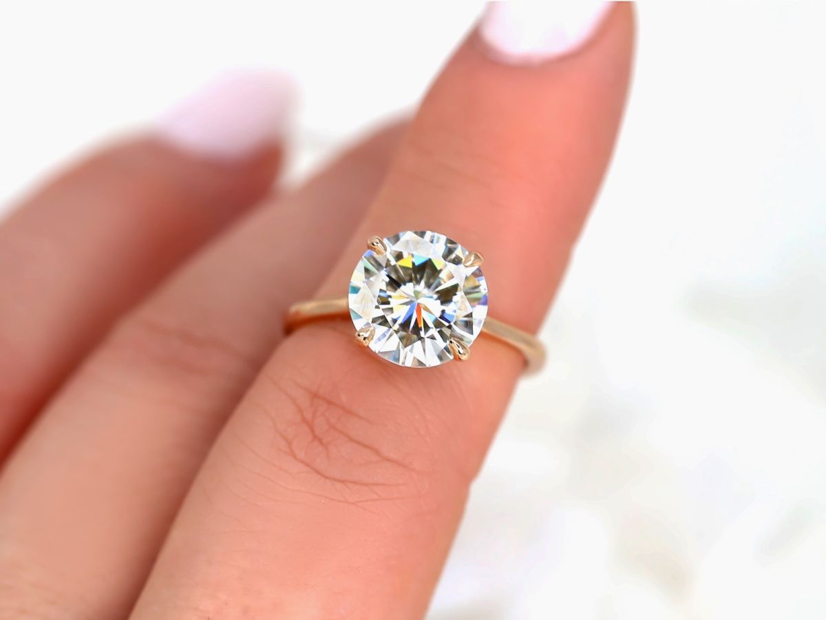 3.50ct Elenora 10mm 14kt Gold Moissanite Talon Prong Round Solitaire Ring by Rosados Box