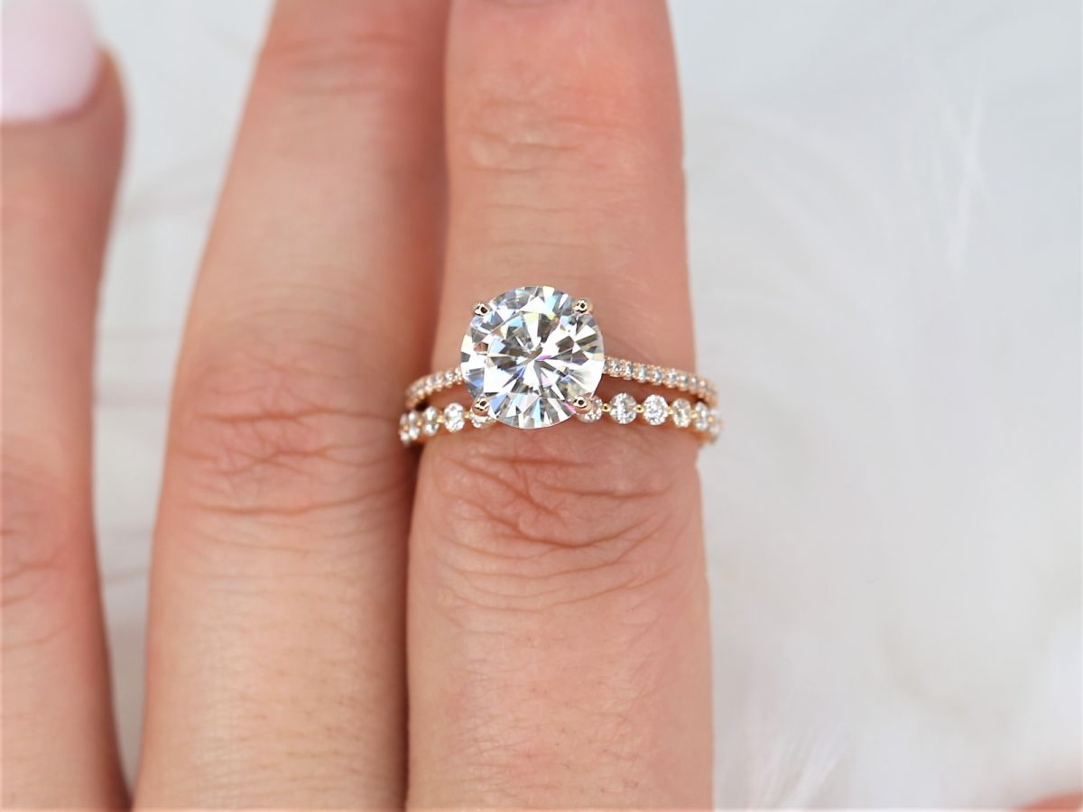 Ready to Ship Eloise 9mm & Petite Naomi 14kt Rose Gold Moissanite Diamond Round Cathedral Solitaire Bridal Set