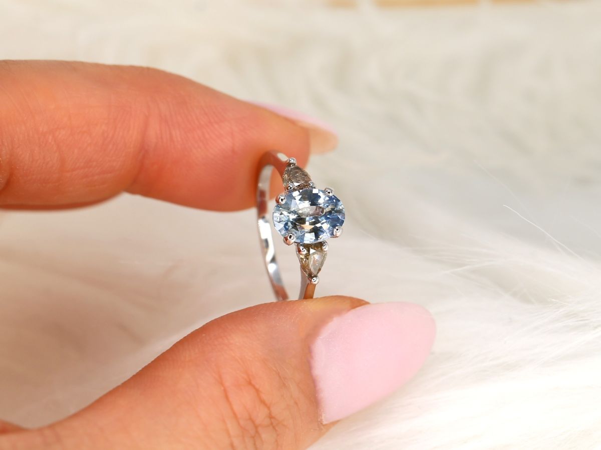 1.50ct Ready to Ship Emery 14kt White Gold Icy Cornflower Blue Sapphire Salt Pepper Diamond Pear 3 Stone Oval Ring by Rosados Box