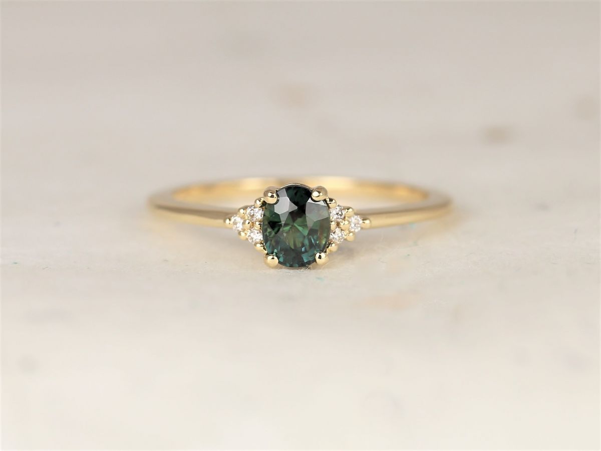 0.72ct Ready to Ship Juniper 14kt Gold Jungle Peacock Teal Sapphire Diamond Dainty Oval Cluster 3 Stone Ring