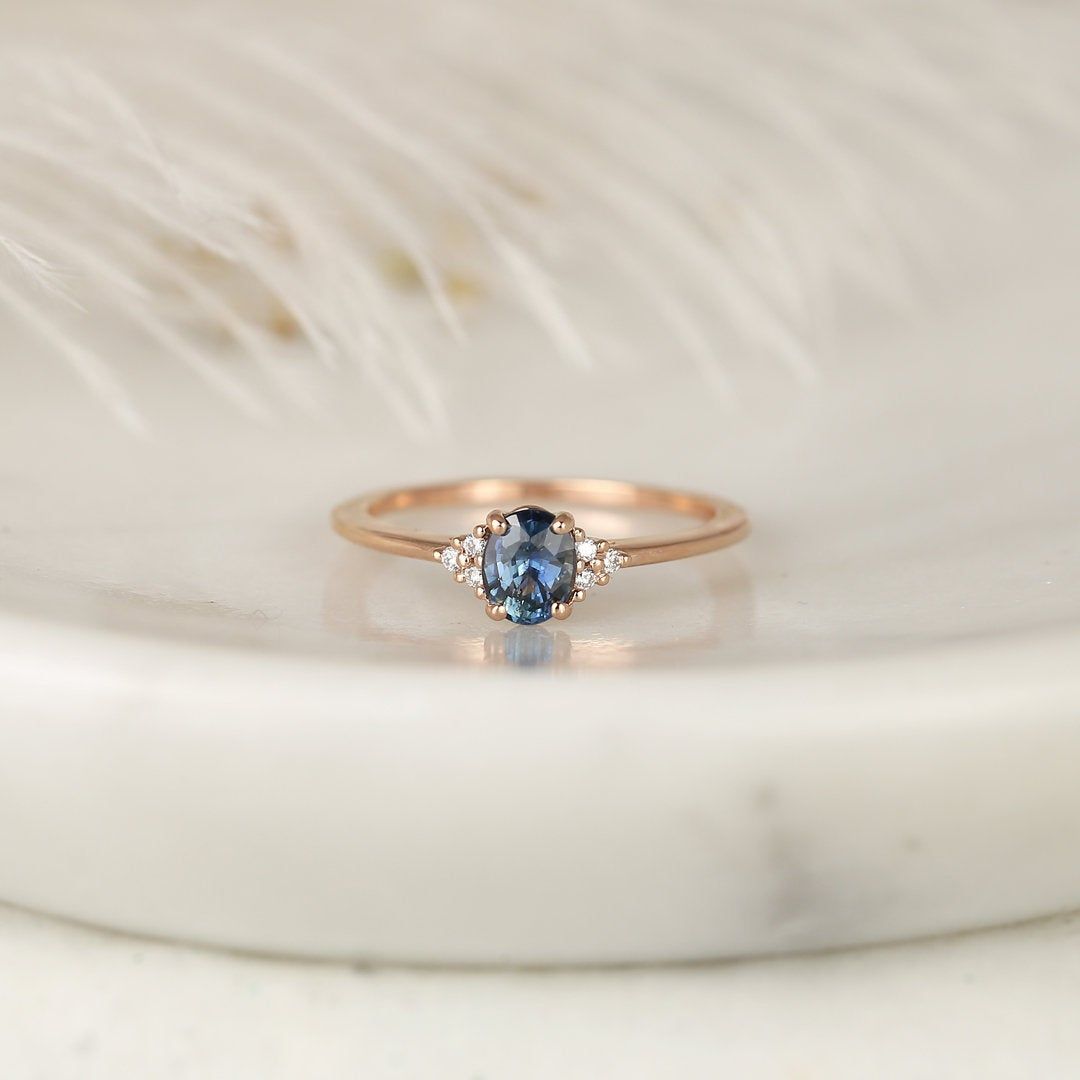 0.67ct Ready to Ship Juniper 14kt Rose Gold Ocean Blue Teal Sapphire Diamond Dainty Oval Cluster 3 Stone Ring,Rosados Box