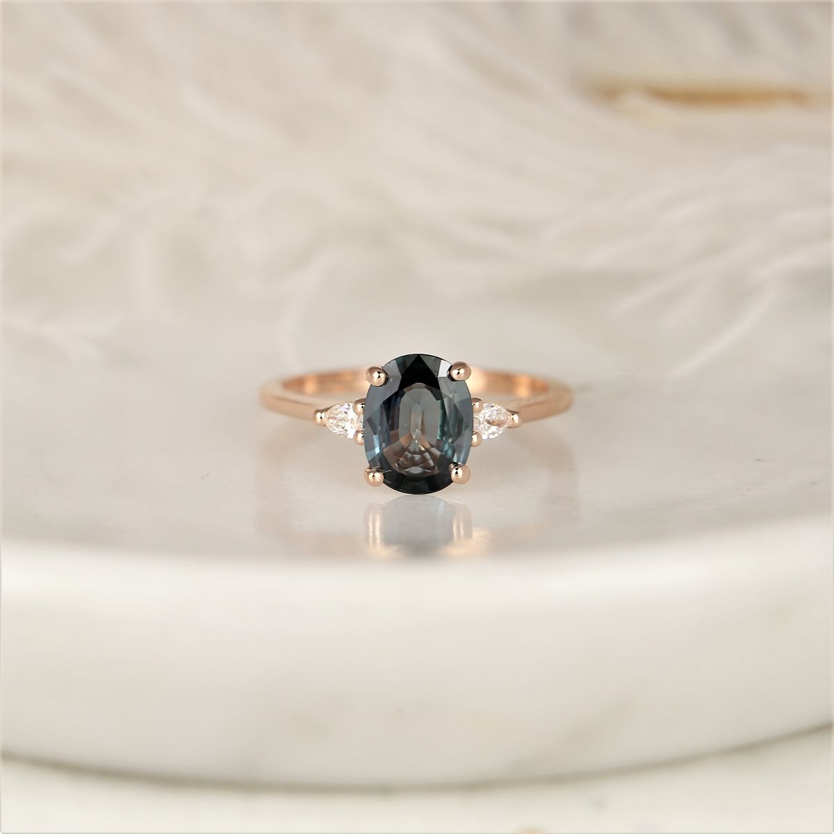 1.58cts Ready to Ship Petite Emery 14kt Rose Gold Ocean Blue Teal Sapphire Diamond Pear 3 Stone Oval Engagement Ring,Rosados Box