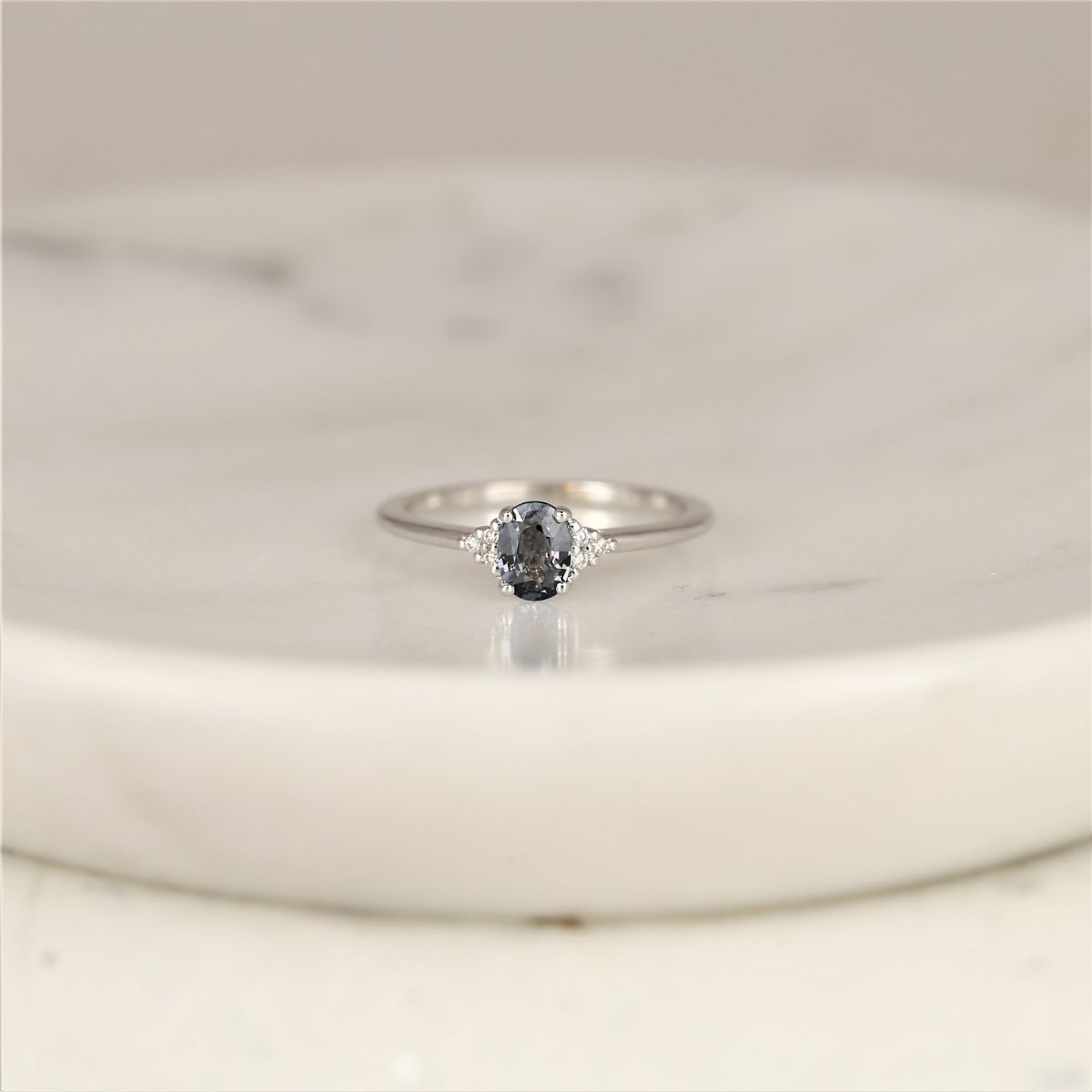 0.56ct Ready to Ship Juniper 14kt White Gold Chrome Grey Purple Spinel Diamond Dainty Oval Cluster 3 Stone Ring,Rosados Box