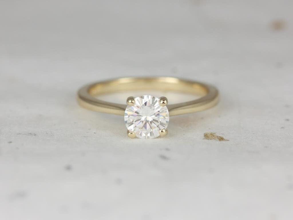 1ct Skinny Flora 6.5mm 14kt Gold Round Moissanite Dainty Thin Cathedral Solitaire Engagement Ring, Rosados Box