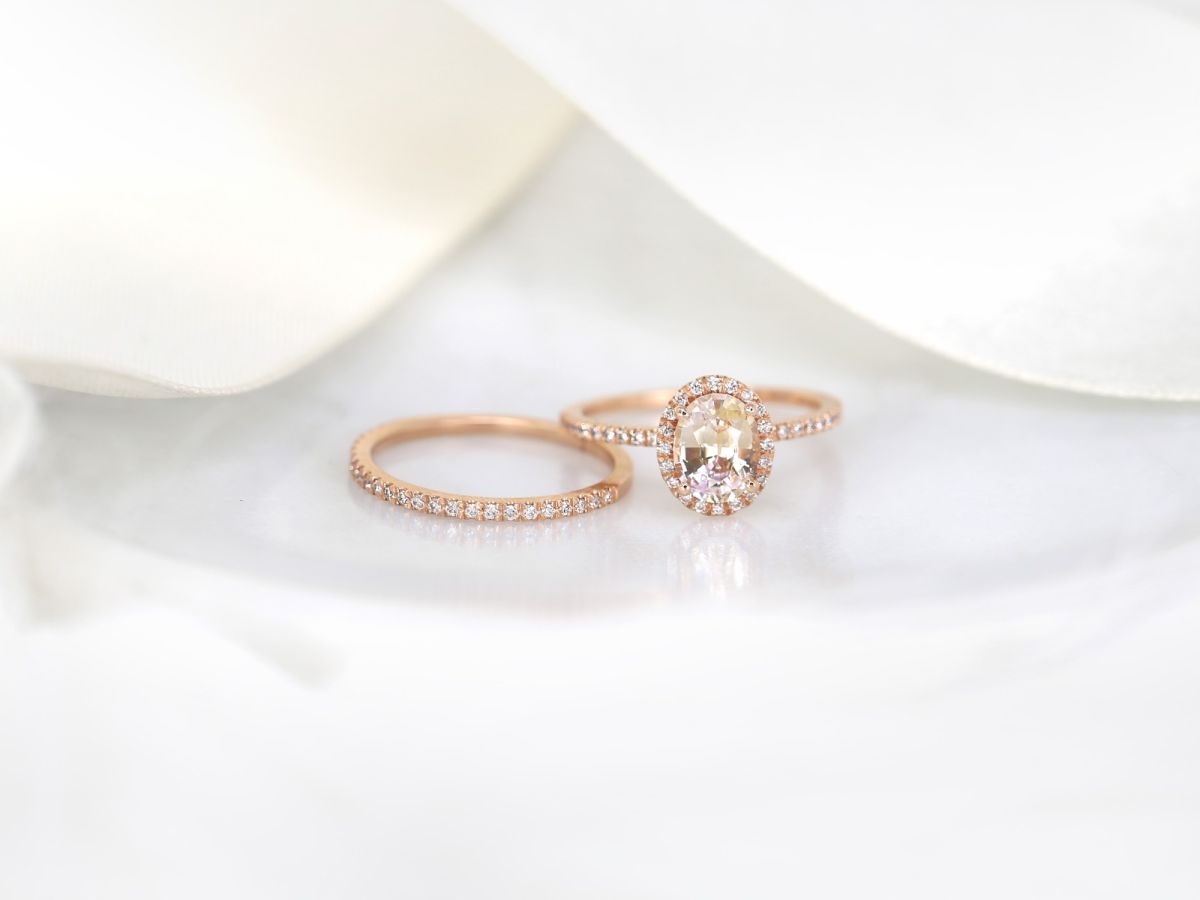 1.31ct Ready to Ship Federella 14kt Rose Gold Peach Champagne Sapphire Diamond Oval Halo Bridal Set