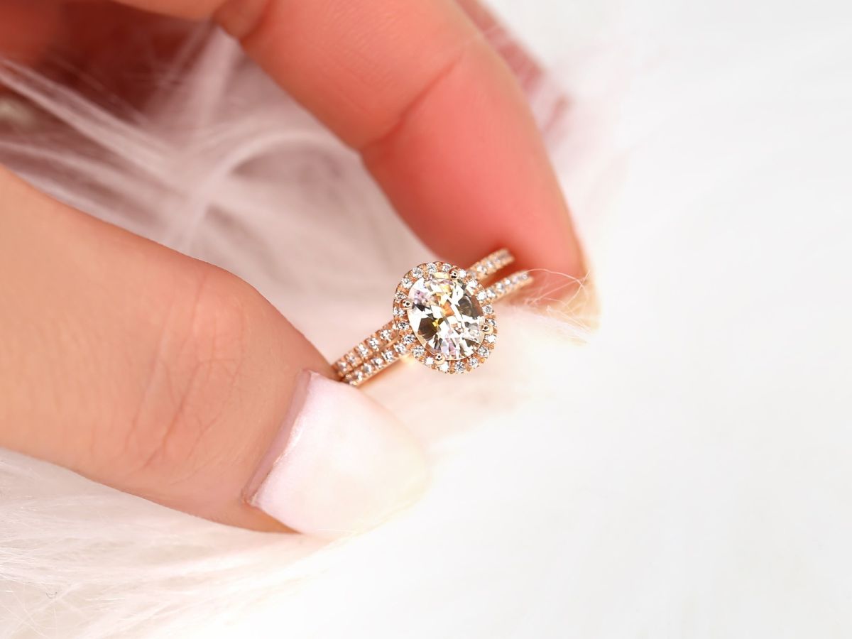 1.31ct Ready to Ship Federella 14kt Rose Gold Peach Champagne Sapphire Diamond Oval Halo Bridal Set