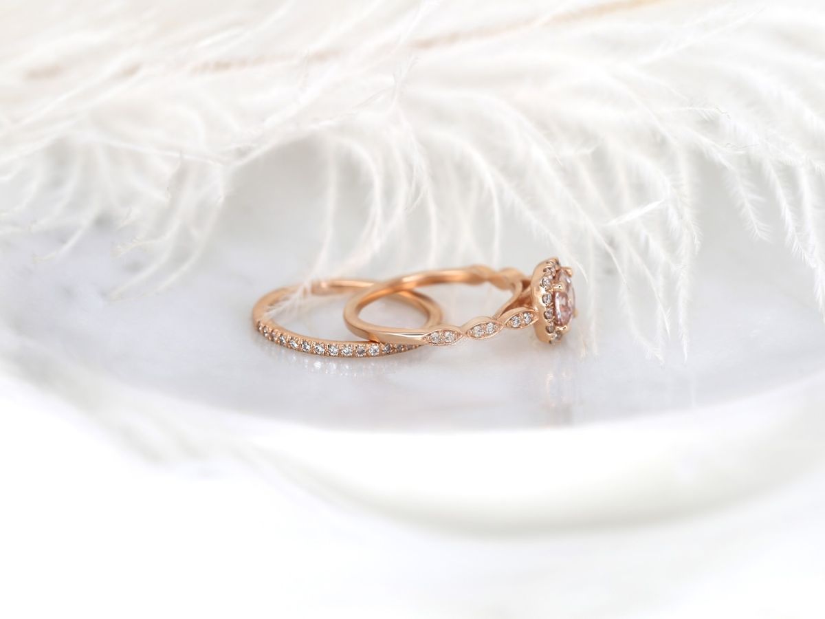 1.19ct Ready to Ship Fluffy Christie & Callie 14kt Rose Gold Peach Sapphire Diamonds Cushion Halo Bridal Set by Rosados Box